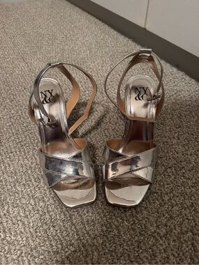 New York & Company Silver Strappy Square-Toe High Heel Sandals